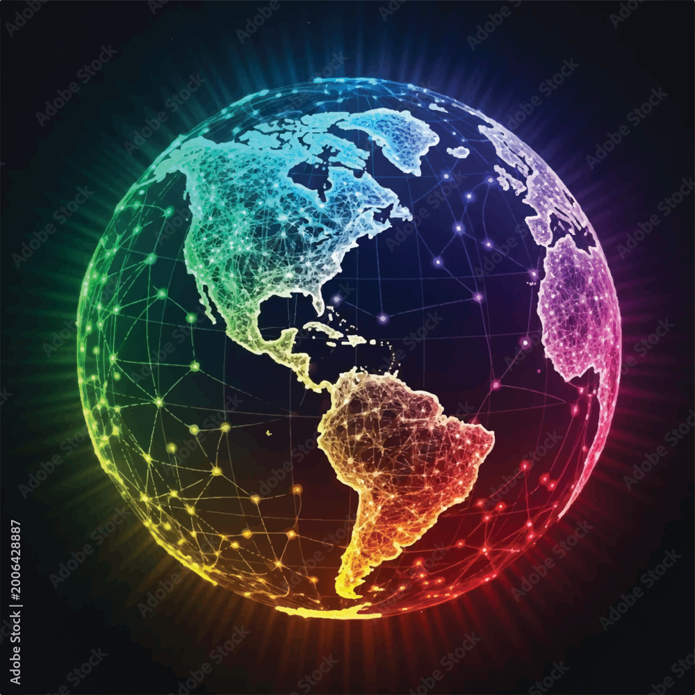 Obraz premium Vibrant Global Globe Illustration Highlighting Connectivity, Networks, and Environmental Awareness Across Continents.