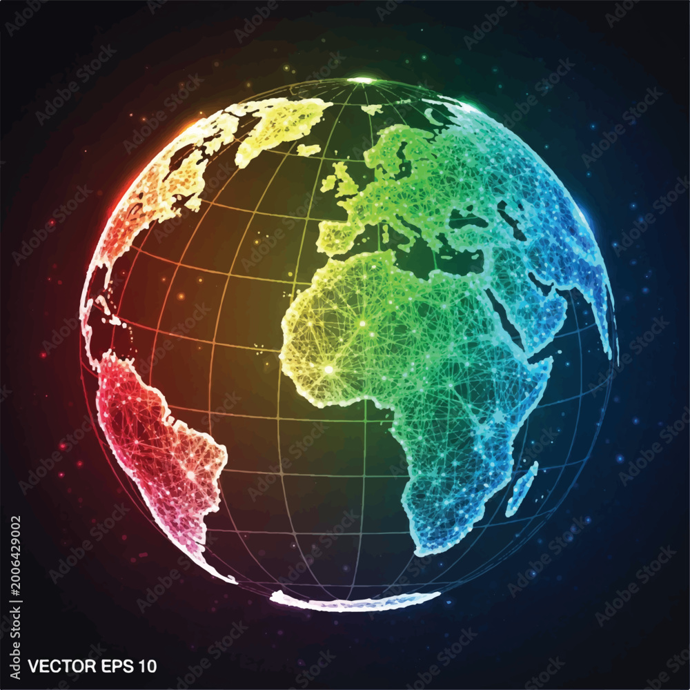 Obraz premium Colorful Neon Globe Illustration depicting Earth from space with vibrant gradient continents.