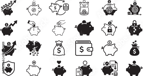 A diverse collection of financial savings and investment icons featuring piggy banks and money symbols