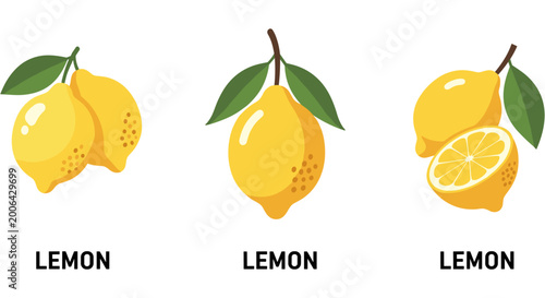 Fresh lemons with green leaves in bright vibrant lighting for food and beverage