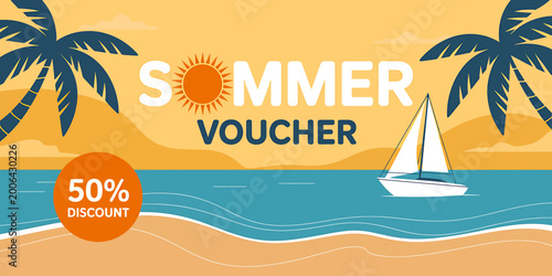 Summer voucher discount offer with sailboat and palm trees on beach scene