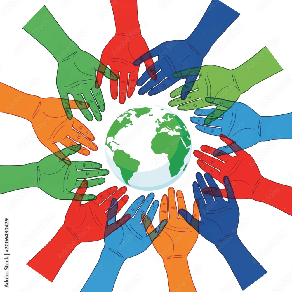 Obraz premium Colorful Hands Surrounding the Globe Represent Global Unity, Diversity, and Cooperative Action.