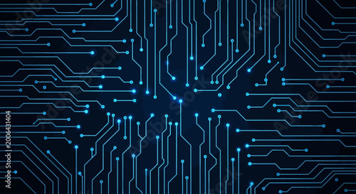 Abstract technological circuit board design with glowing blue connections on a dark background, symbolizing data flow and digital networks