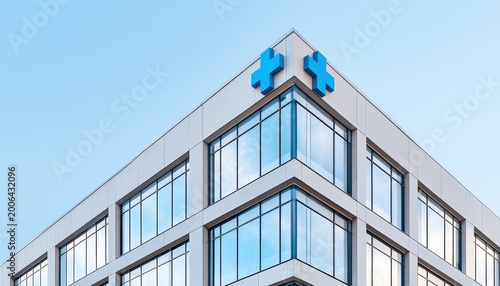 A modern hospital building corner with glass windows and two blue medical crosses on the rooftop against a clear sky background.