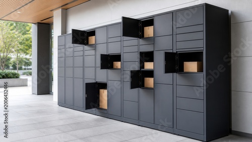  Urban pickup hub with a row of modern parcel lockers, open compartments, visible packages, soft daylight, and clean last-mile delivery concept.