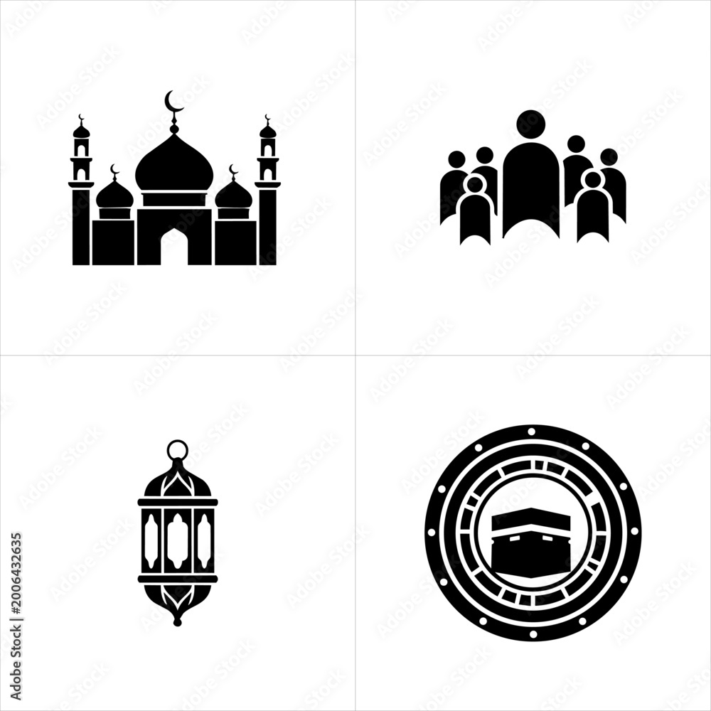 Fototapeta premium minimalist islamic mosque and family silhouette icons set on white background