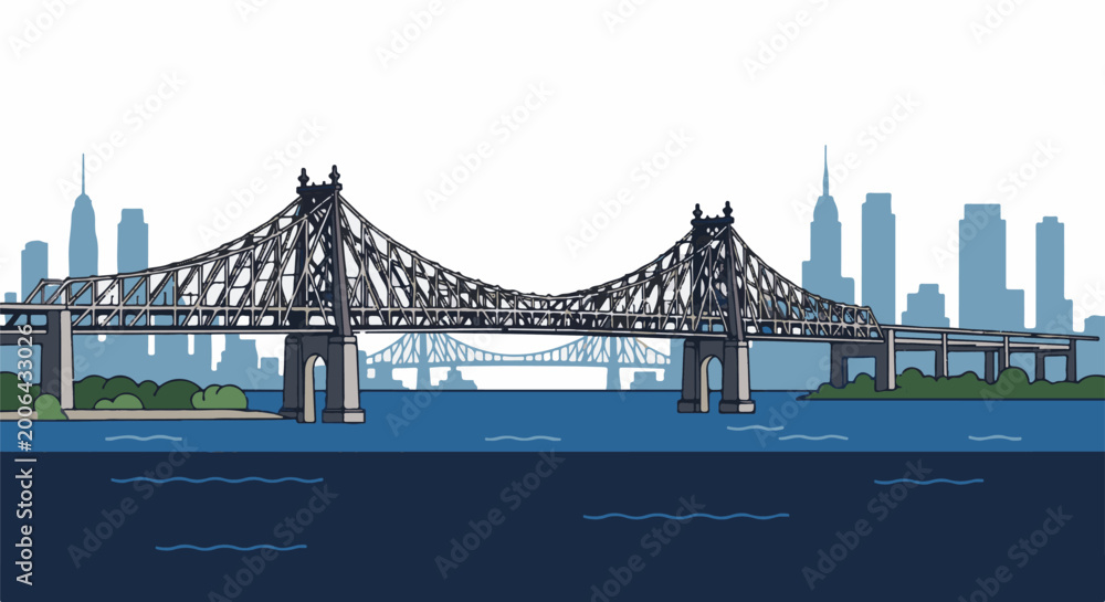 Obraz premium A large truss bridge spans a wide river with a city skyline in the background