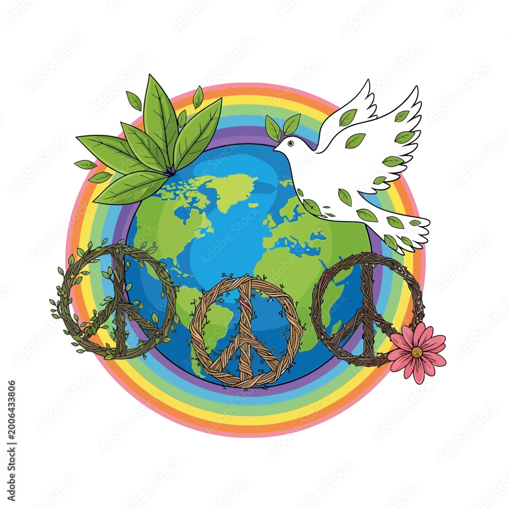 Obraz premium Dove Spreading Peace Around the Colorful Earth with Nature Elements