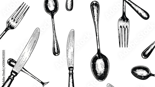 Schilderij op canvas Set of hand drawn silverware collection featuring various forks spoons and knives isolated on white background vintage engraved style kitchen utensils graphic