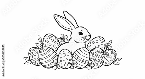 A festive line art illustration of an Easter bunny surrounded by decorated eggs