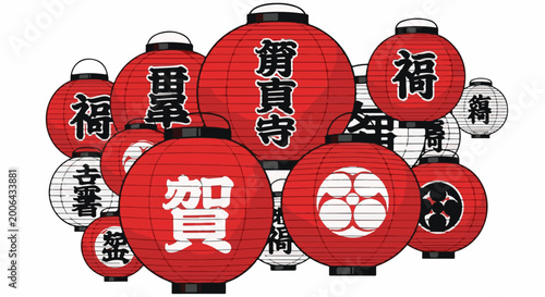 A festive cluster of Japanese lanterns in red and white hues