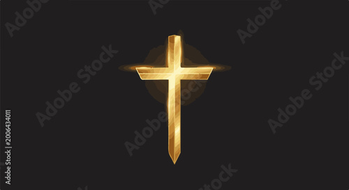 A golden cross with a glowing aura against a dark background
