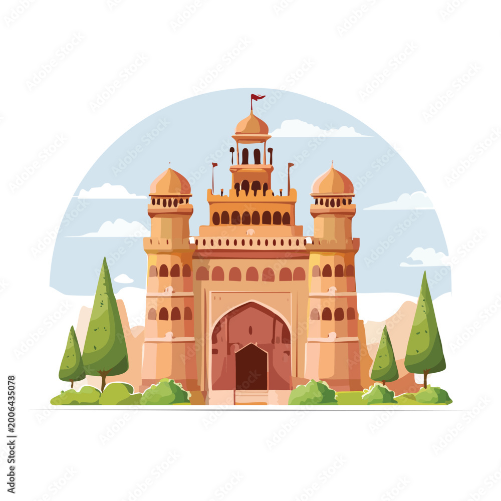Fototapeta premium Cartoon illustration of a historical building with architectural details on white