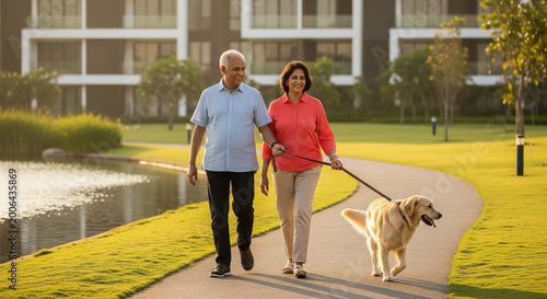 happy indian senior couple walking with dog at park
