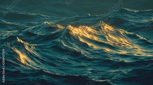 Dark, textured ocean waves in sunlight create a dramatic, undulating surface with golden highlights