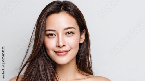 Beautiful Asian woman with long brown hair smiles at the camera in a studio