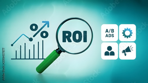A magnifying glass focuses on ROI statistics and growth charts