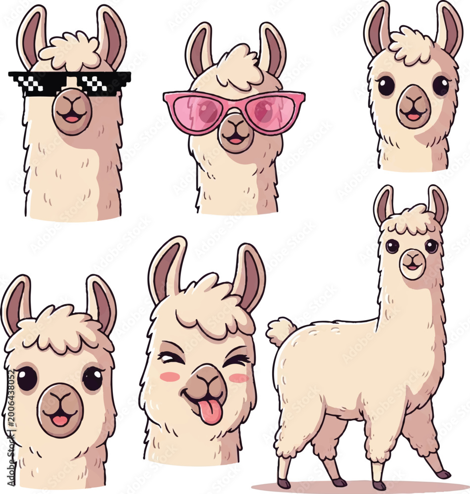 Fototapeta premium Cute Llama and Alpaca Silhouette Vector Cartoon Character Set