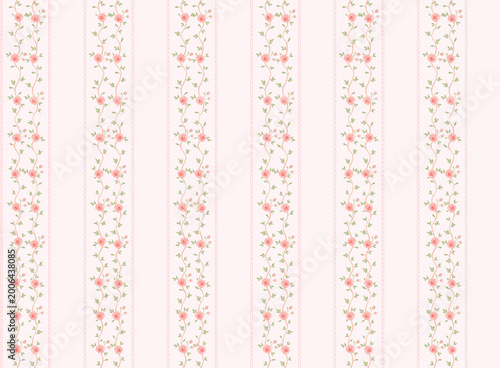 Fotografía Elegant seamless pattern featuring vertical pink rose vines and delicate stripes on a pastel background