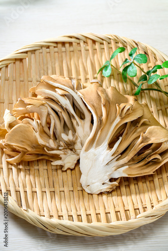 竹ざるに盛った新鮮な舞茸