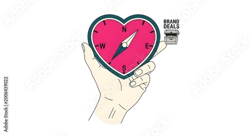 Hand holding heart shaped compass with needle pointing north next to brand deals treasure chest icon representing ethical navigation and direction for social media influencers and content creators.