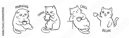 Bild auf Leinwand line art illustrations of cats drinking coffee with morning chill and relax capt