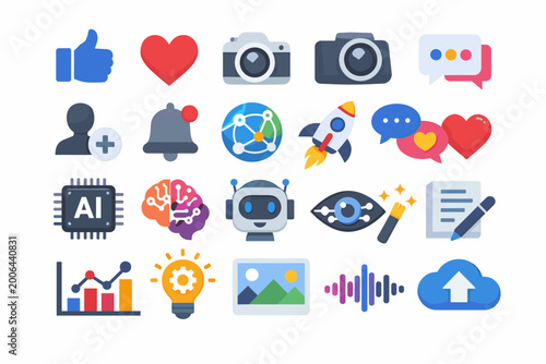 Canvastavla Flat vector icon set for social media and artificial intelligence featuring AI chip, robot, digital brain, like, heart, camera, chat, notification bell, global network, rocket, and cloud upload