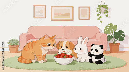 Cute animals sharing strawberries