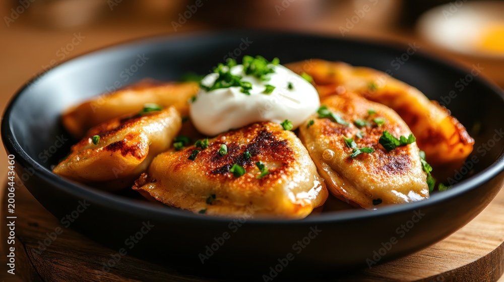 Fototapeta premium A mouth-watering presentation of golden fried dumplings garnished with fresh chives and a dollop of sour cream, representing culinary art and cultural flavors on a rustic plate.