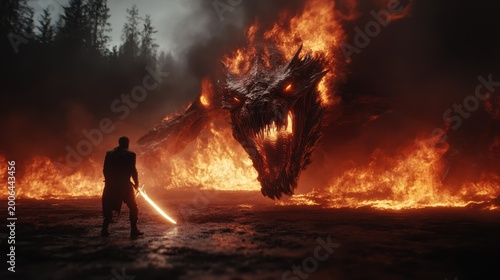 A dramatic scene unfolds as a brave warrior stands ready to fight a fearsome fire breathing dragon amidst flames, capturing a powerful conflict between good and evil.
