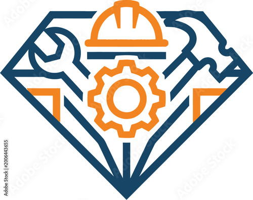 Helmet rests inside a diamond emblem surrounded by assorted metal tools.