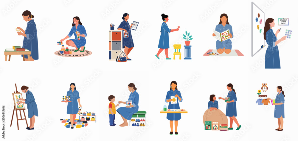 Fototapeta premium Set of illustrations featuring a kindergarten teacher engaging in various classroom activities, teaching, organizing, and rewarding students with stickers.