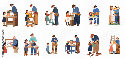 Grandfather and granddaughter building, painting, and installing birdhouses together in a series of DIY woodworking workshop scenes isolated on white background.