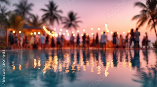Tropical evening party with string lights reflected in a pool at sunset