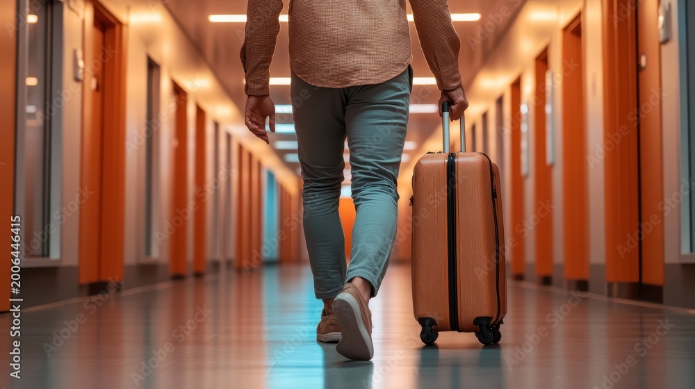 Obraz premium A person walking down a modern hotel corridor with an orange suitcase, capturing the essence of travel, adventure, and modern lifestyle in a vibrant interior setting.
