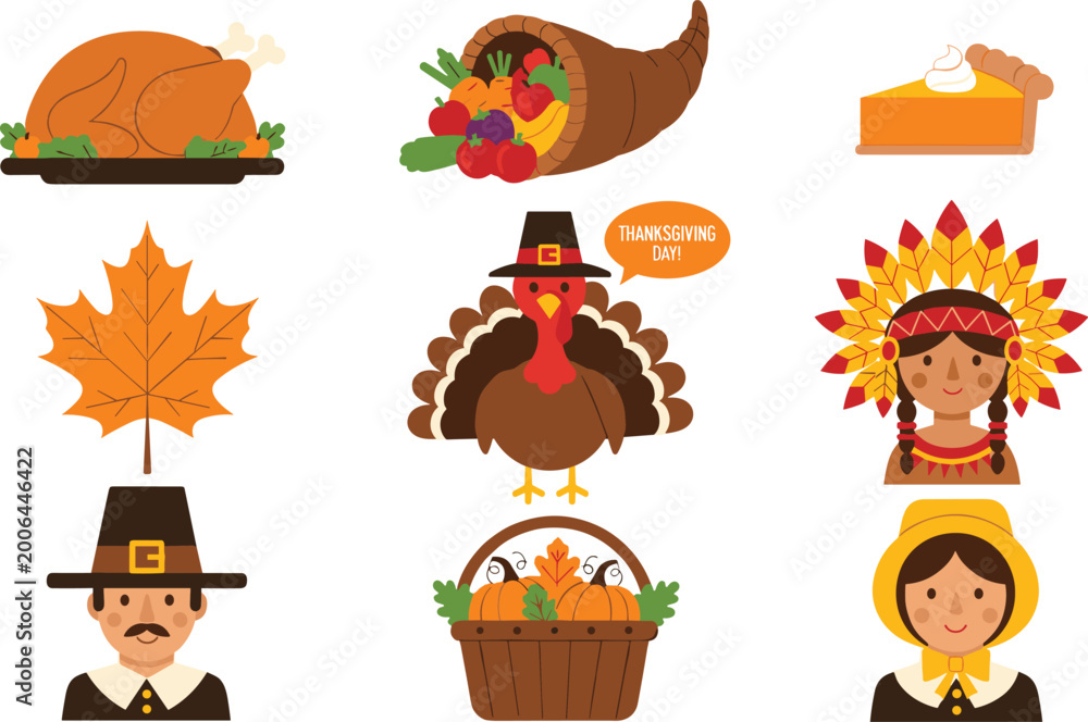 Naklejka premium Thanksgiving Vector Set. Includes turkeys, Thanksgiving dinner, Pilgrims, cornucopia, and autumn leaves, perfect for seasonal and holiday-themed designs.