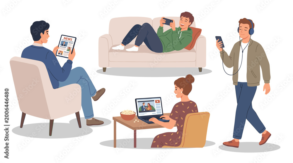 Fototapeta premium Set of people of different ages using gadgets. Man and woman are online with smartphone, laptop, tablet PC, mobile phone.