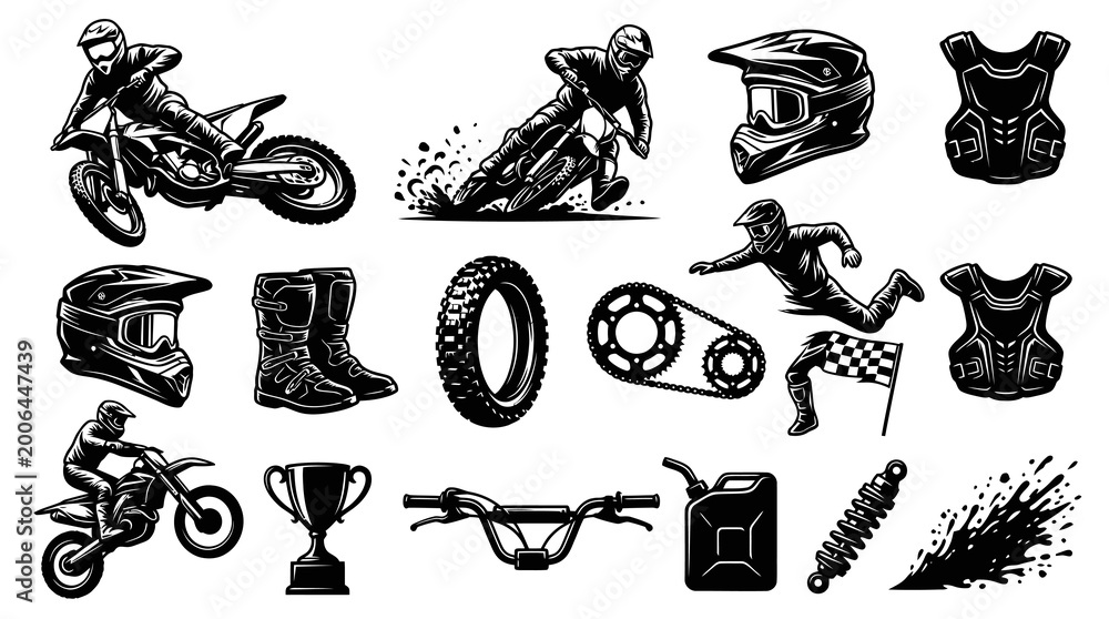 Obraz premium Motocross Dirt Bike Racing Vector Elements Set - Extreme Sports Rider Equipment Black and White Line Art Illustration