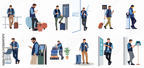 Set of flat vector illustrations featuring a male traveler with luggage using a smartphone and waiting in various locations throughout an airport terminal.