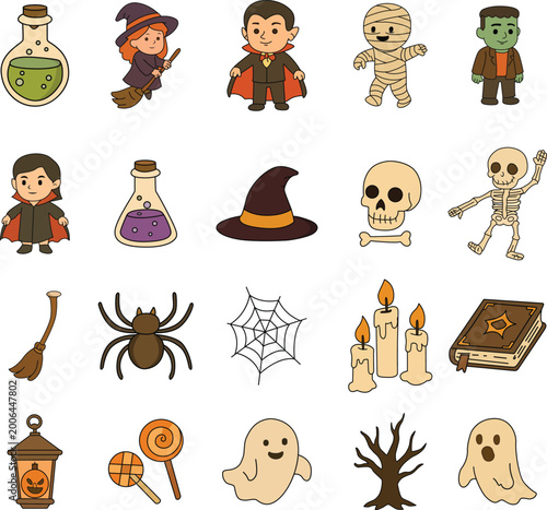 Halloween Characters and Spooky Objects Icon Set
