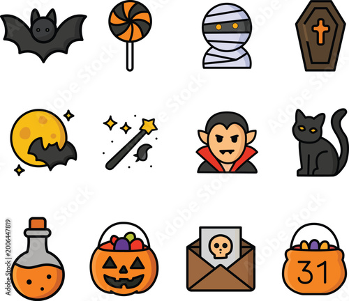 Halloween Spooky Icons with Vampire and Black Cat