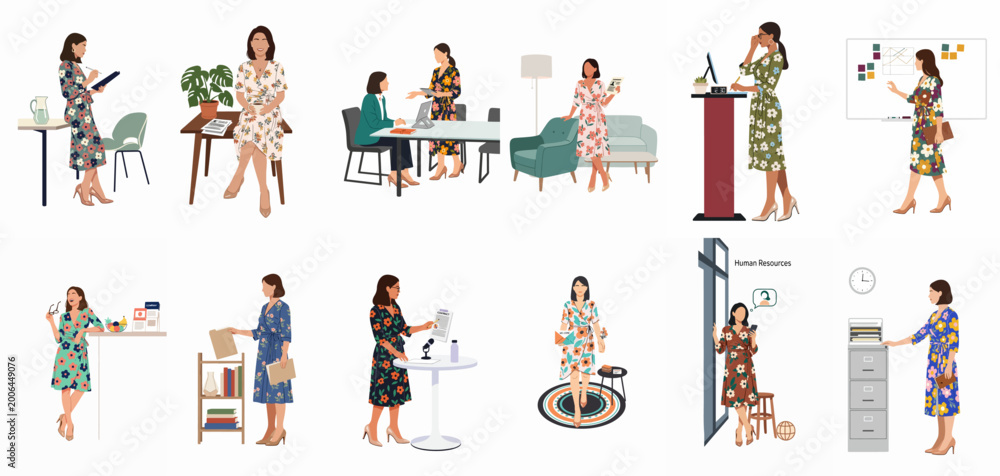 Fototapeta premium Collection of flat vector illustrations depicting a professional businesswoman in various office scenarios, from meetings and presentations to administrative tasks and Human Resources.