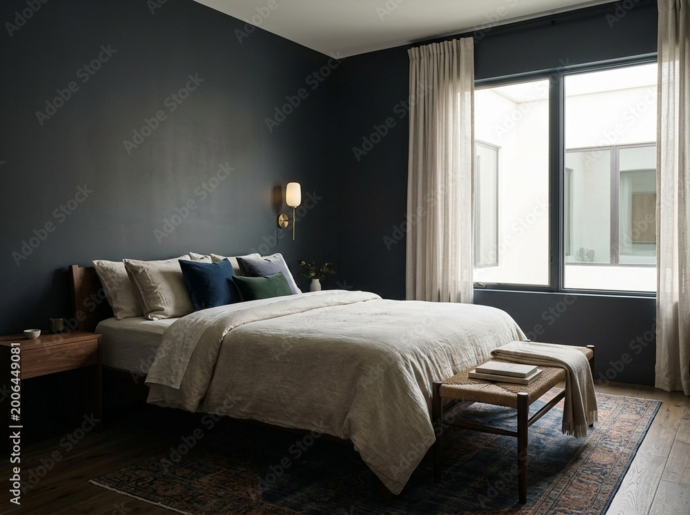 Fototapeta premium Calm Guest Bedroom with Neutral Linen Bedding and Minimalist Sconce