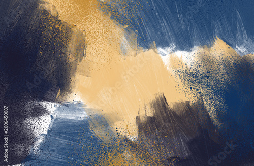 Abstract Digital Painting with Dynamic Blue, Gold, and White Brush Strokes Background