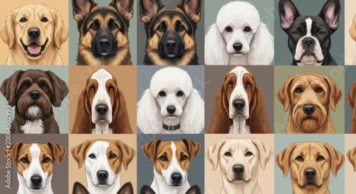 Cuadro en lienzo Diverse Dog Breeds Collage: Golden Retriever, German Shepherd, Poodle, French Bu