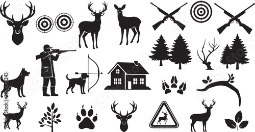 Obraz na plátně Collection of huntingrelated silhouettes including deer dogs hunters and equipme