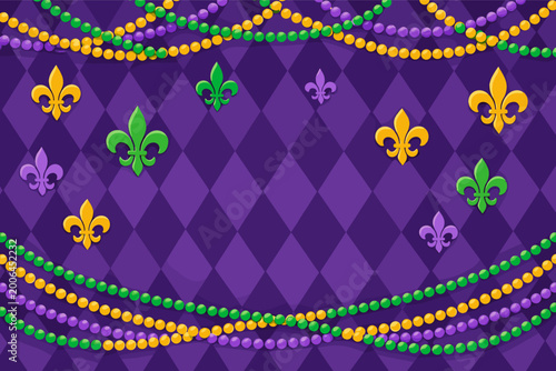 Mardi Gras Festive Carnival Background with Purple Harlequin Pattern, Colorful Beads in Green, Gold, and Purple, and Fleur-de-lis Symbols. Ideal for New Orleans Fat Tuesday Celebration Designs.