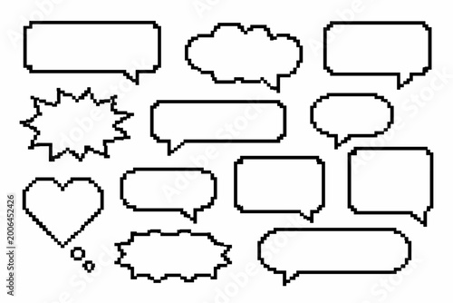 Set of Pixel Art Speech Bubbles and Text Boxes, Retro 8-bit Style Empty Dialogue Frames, Pixelated Comic Cloud and Heart Shapes, Game Interface Design Elements, Black and White Vector Illustration