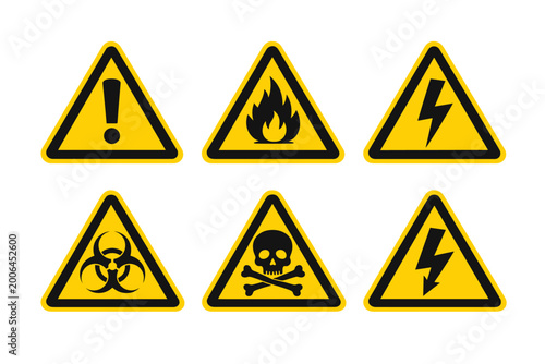 Free Download Set of yellow triangular warning signs with black borders and various danger symbols including flammable, high voltage electricity, biohazard, toxic skull and crossbones, and general caution. - GFXLoad