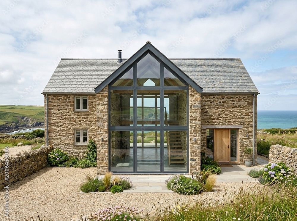 Fototapeta premium Contemporary Stone Barn Conversion with Dramatic Glazed Gable
